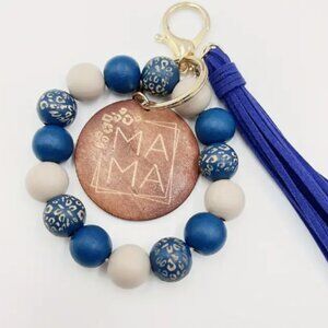 Boho Leopard Beaded Tassel Keychain Bracelet with wooden MAMA Pendant